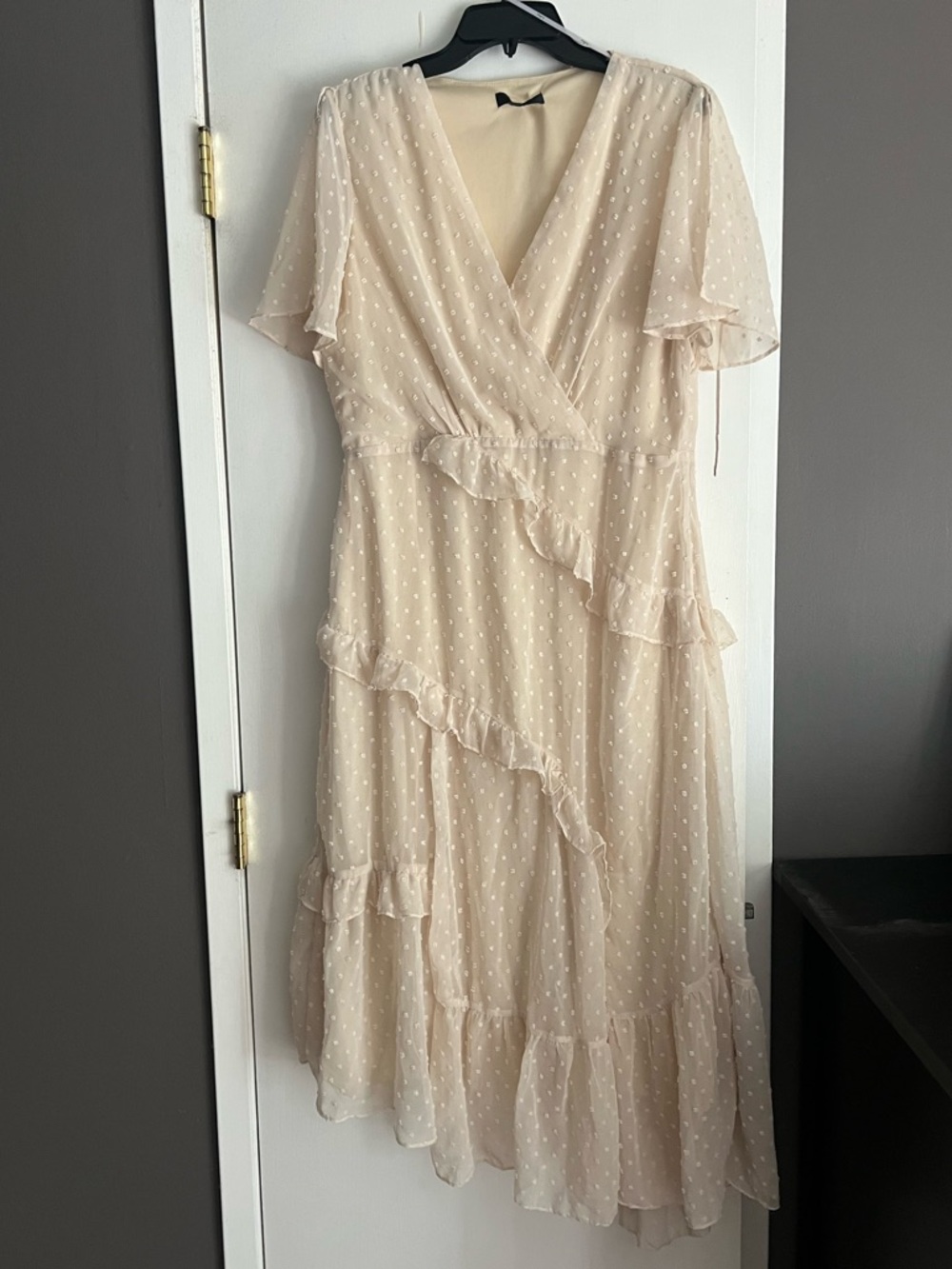 Lulu's Cream Polka Dot Ruffle Wrap Midi Dress